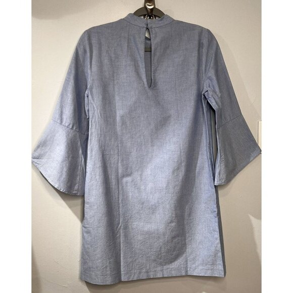 ZARA Basic Womens Shirt Dress Blue Chambray Bell Sleeve Sz S Mini Short Pockets - Picture 2 of 12